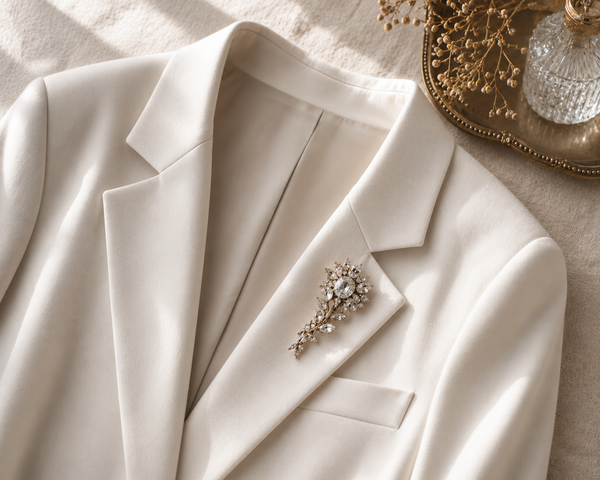 A vintage rhinestone brooch pinned to a cream wool blazer lapel beside a gold dish