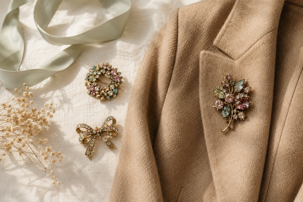 Vintage rhinestone brooches arranged on a camel wool blazer and ivory silk scarf