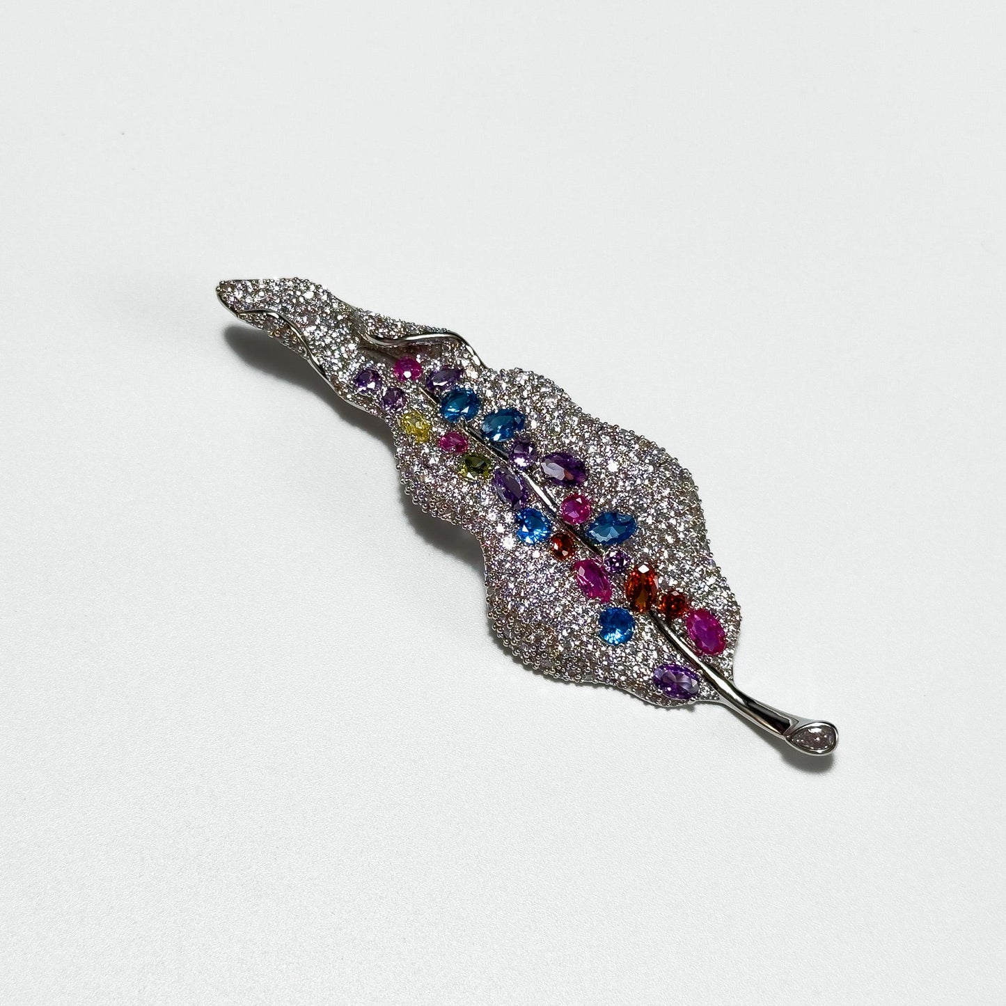 Silver-Based Rhinestone Leaf Brooch