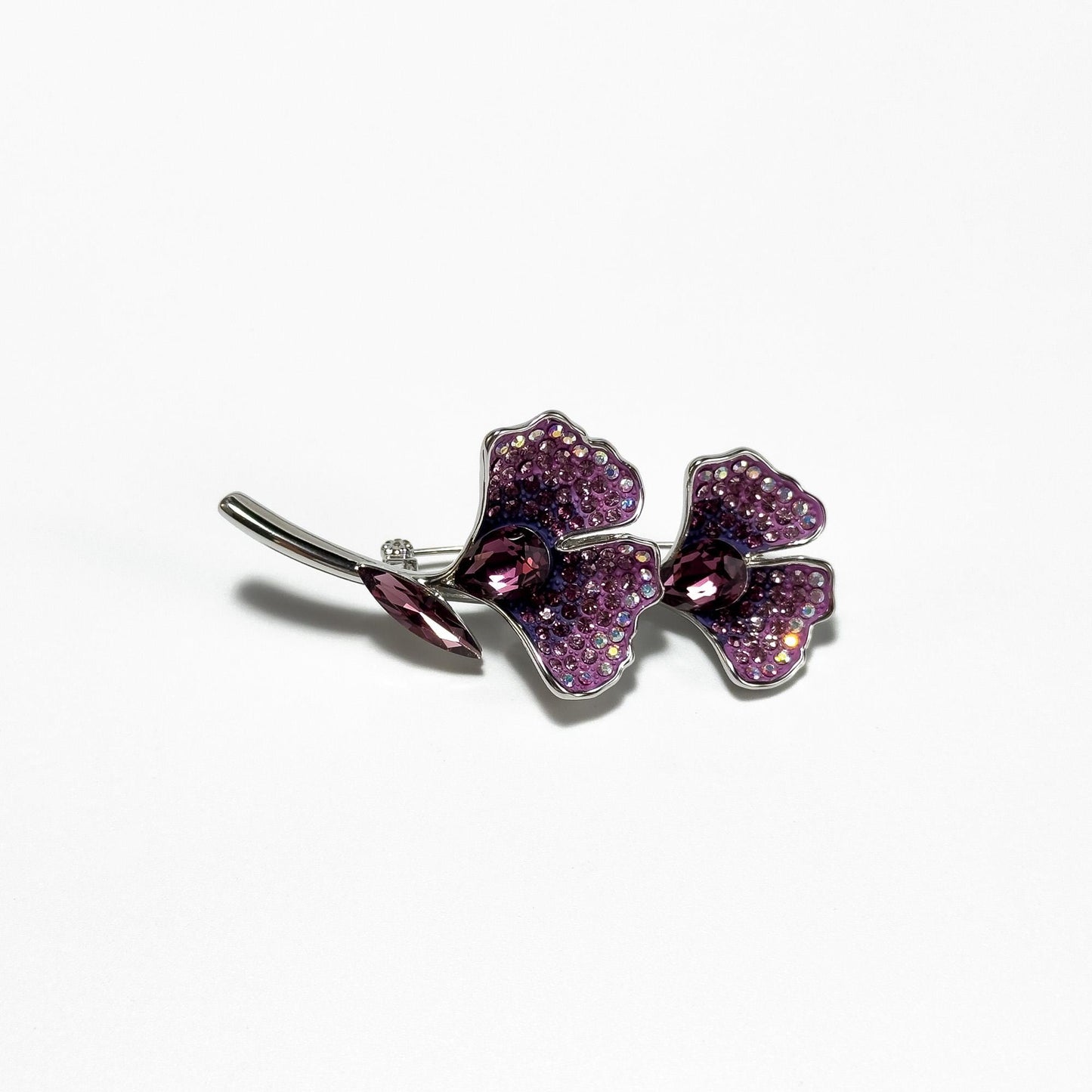 Purple Ginkgo Leaf Rhinestone Brooch