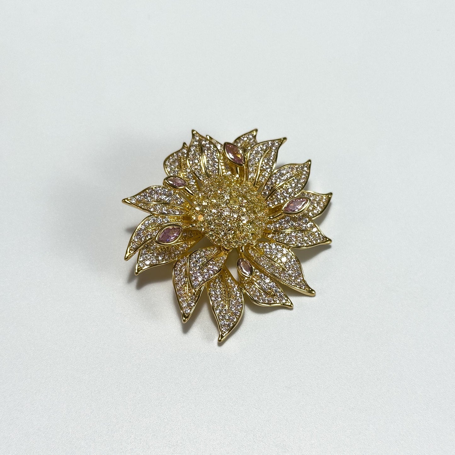 Sunflower-Shaped Brooch Adorned with Full Diamonds; a Versatile Everyday Brooch or Pin.