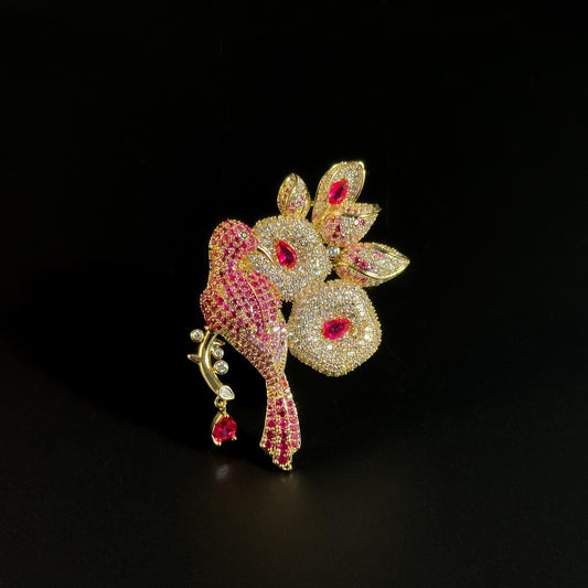 Heavy-Duty Rhinestone-Encrusted Bird and Flower Brooch