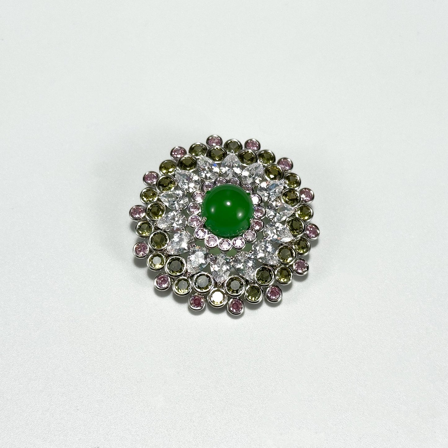 Emerald and Rhinestone Round Brooch