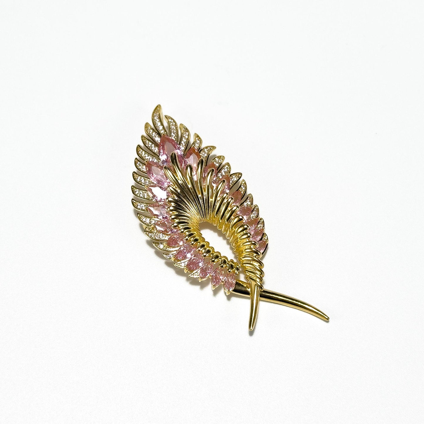 Gold Feather Brooch with Pink Zircon
