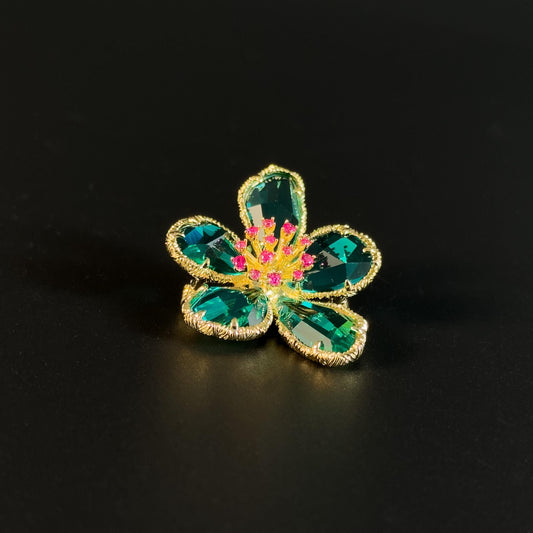 Pink Flower Stamen and Green Petals Brooch