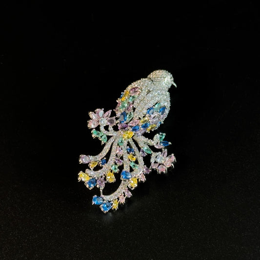 Colorful Long-Tailed Bird Brooch