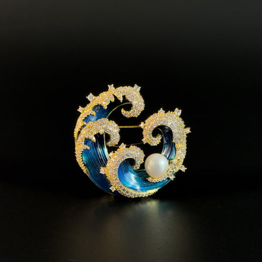 Blue Enamel Wave and Pearl Brooch