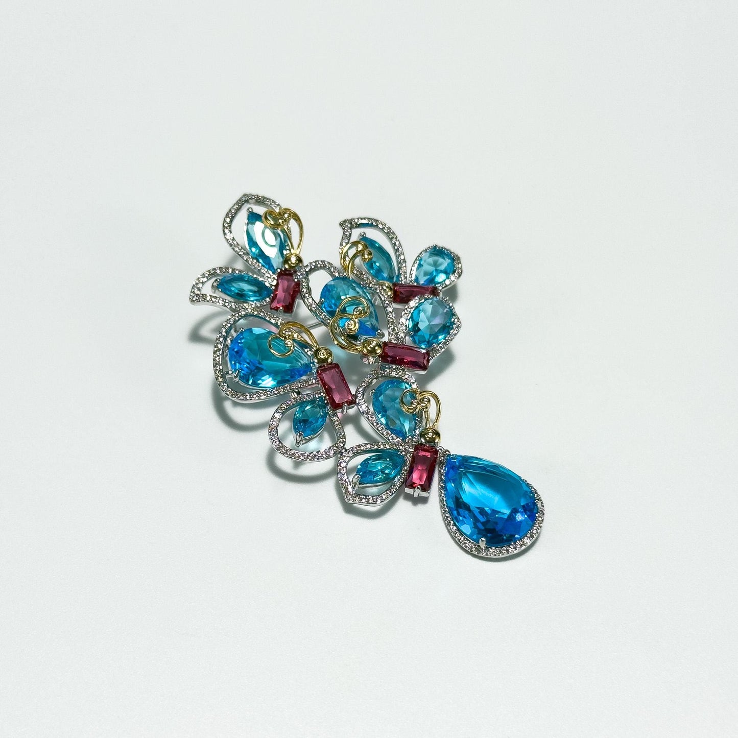 Blue Zircon Flower-Shaped Teardrop Pendant Brooch