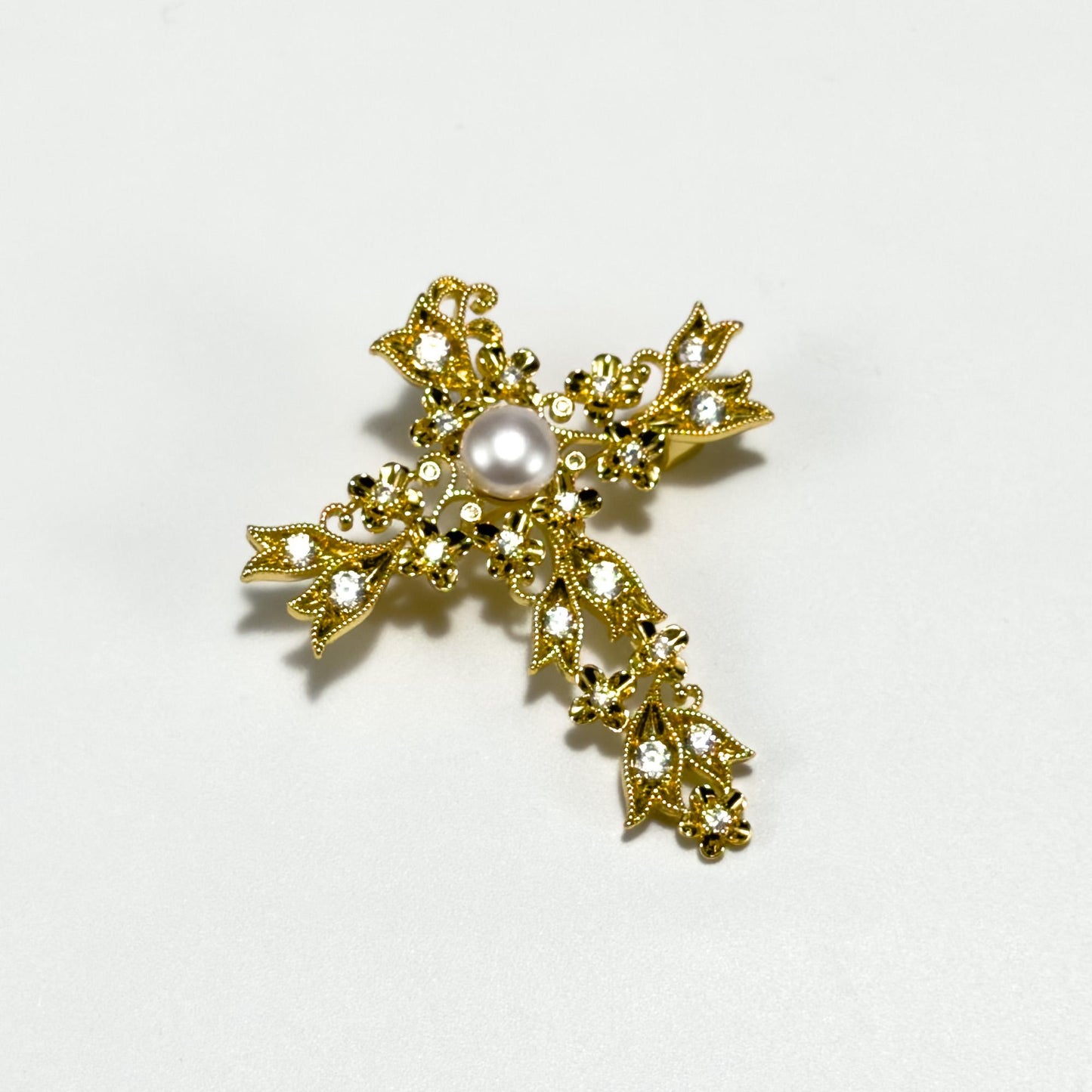 Gold Floral Pearl Cross-Shaped Brooch