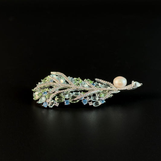 Fully Rhinestone Green Pearl Feather Brooch