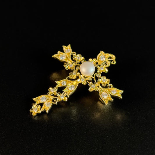 Gold Floral Pearl Cross-Shaped Brooch