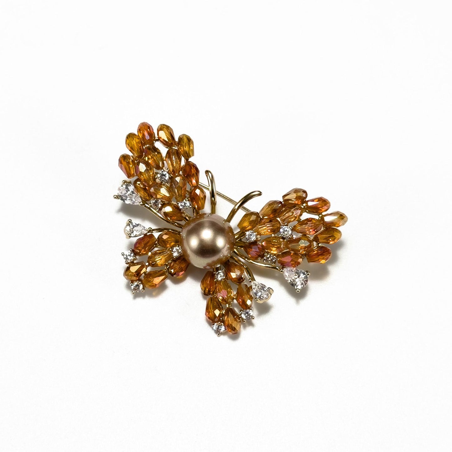 Heavy-Duty Champagne-Colored Crystal Butterfly Brooch