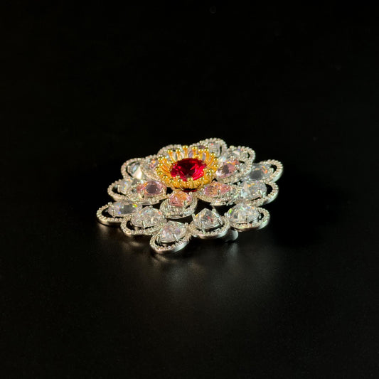 Red Zircon White Flower Brooch