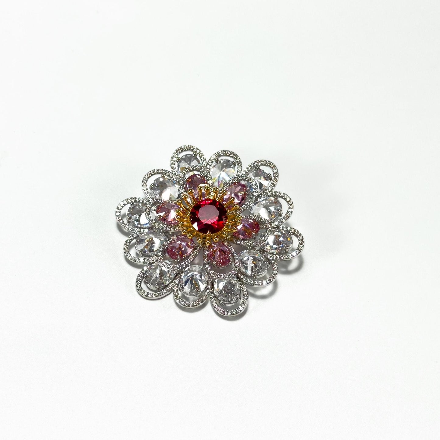Red Zircon White Flower Brooch