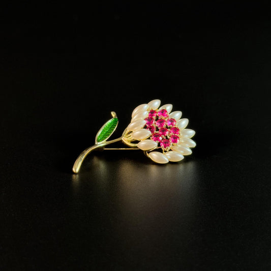 Brooch Featuring a Red Flower Stamen and a White Bouquet; a Floral Brooch; an Elegant Fo