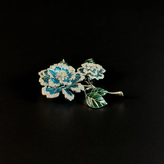Machaon · Azure Heavily Embellished Peony Brooch