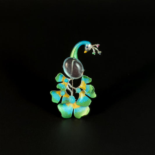 Argeia · Verdant Long-Tail Peacock Brooch