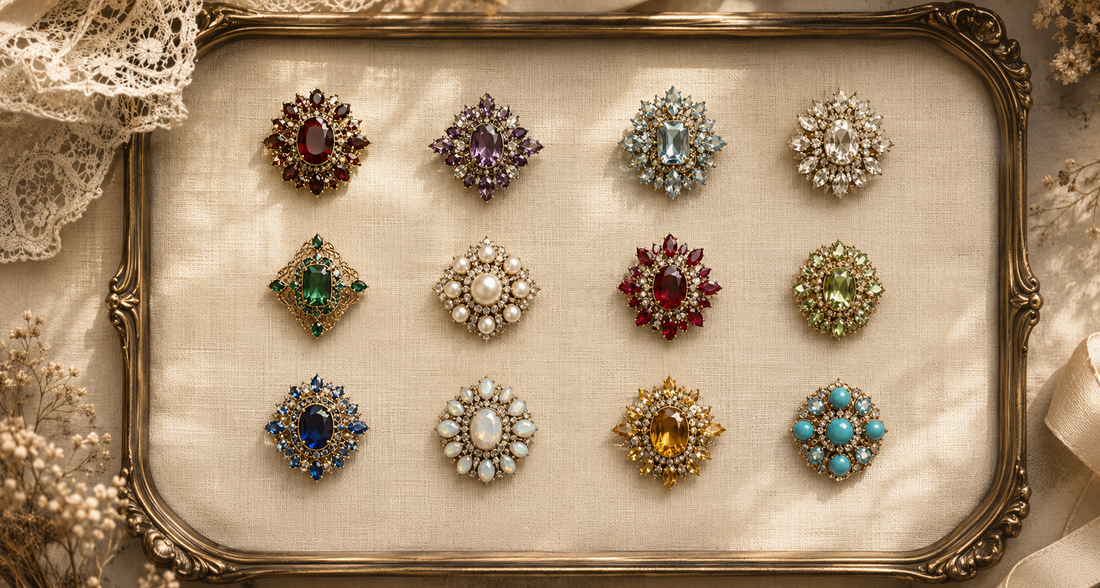Twelve vintage rhinestone brooches in birthstone colors, one for each month, on a gold tray