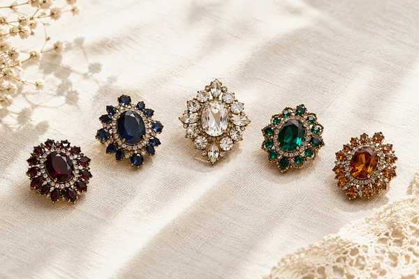Five vintage rhinestone brooches in red, blue, crystal, green and amber on cream linen