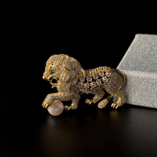 Golden Lion and Pearl Brooch
