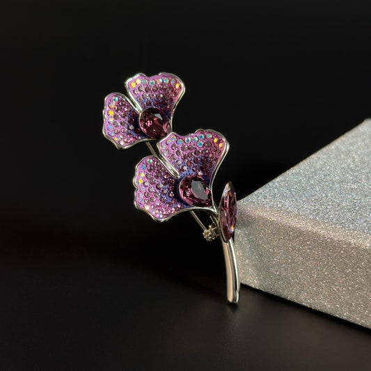 Purple Ginkgo Leaf Rhinestone Brooch