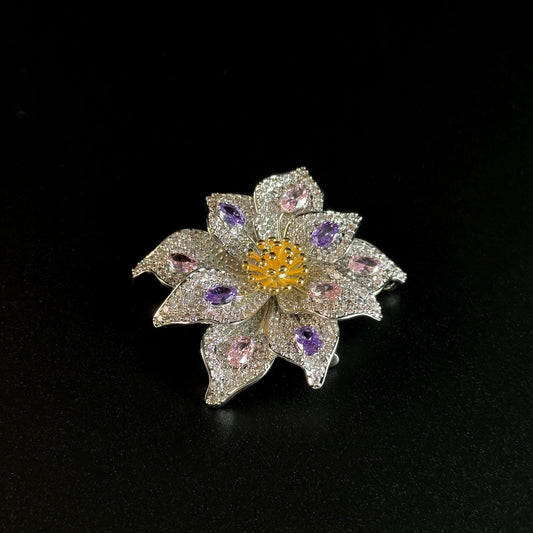 Silver Full-Diamond Flower Brooch