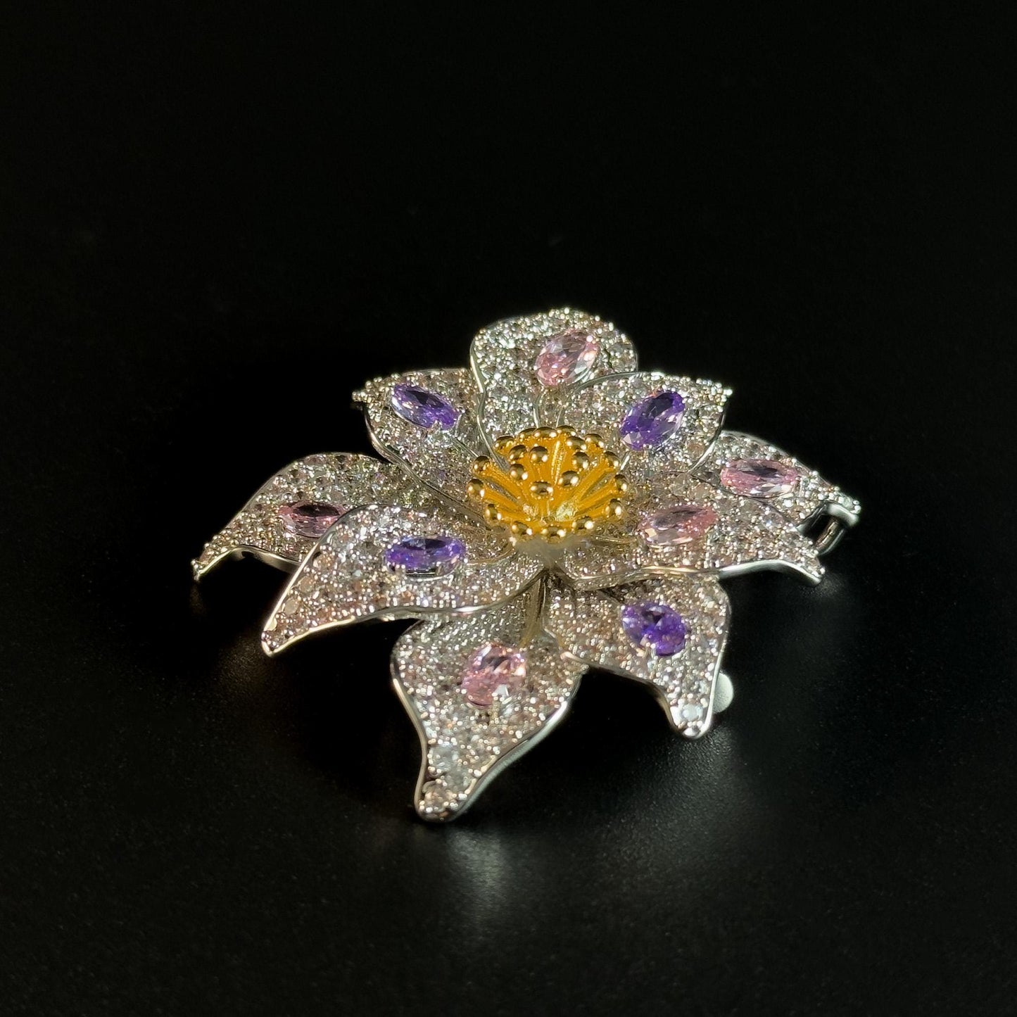 Silver Full-Diamond Flower Brooch