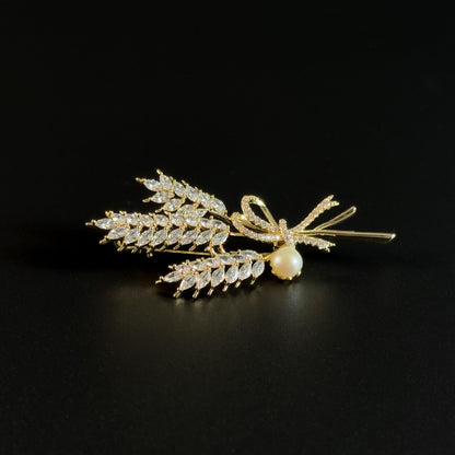 Gold Brooch Adorned with Rhinestones and Wheat Ears