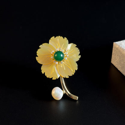 Yellow Mother-of-Pearl Flower Brooch