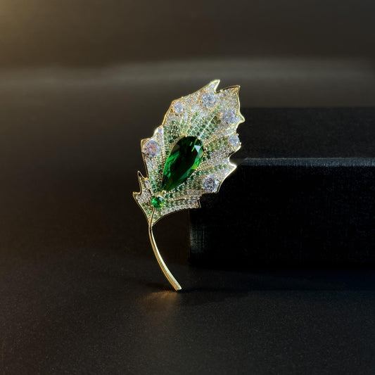 Leaf-Shaped Cubic Zirconia Brooch