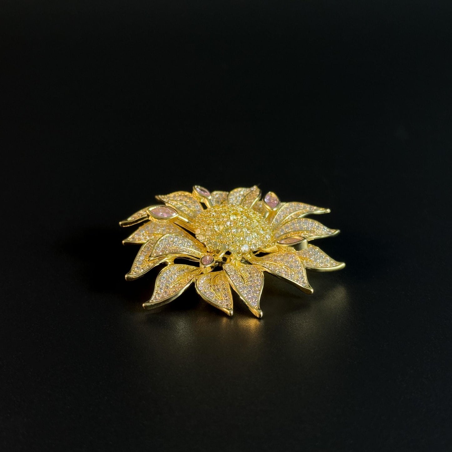 Sunflower-Shaped Brooch Adorned with Full Diamonds; a Versatile Everyday Brooch or Pin.