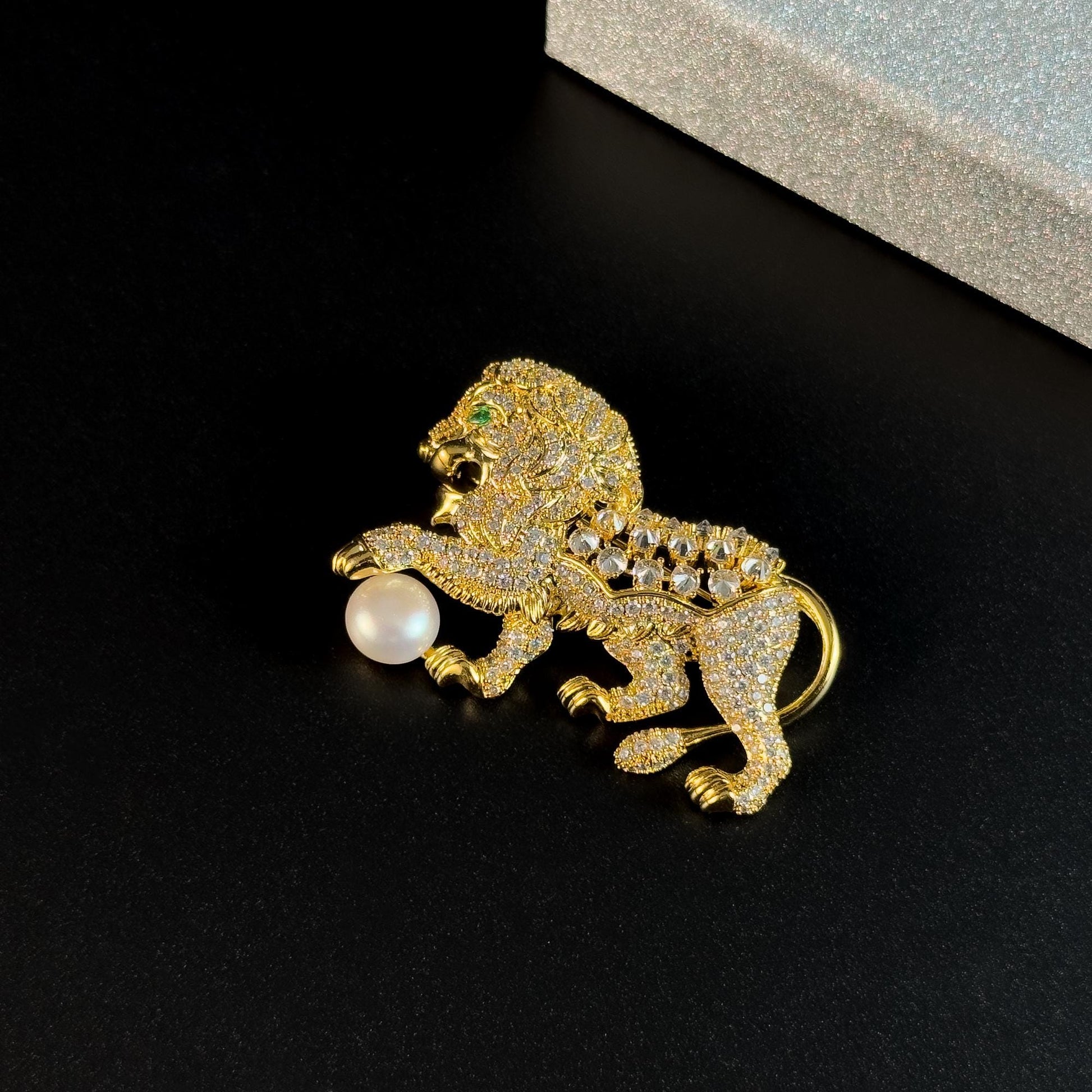 Golden Lion and Pearl Brooch