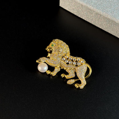 Golden Lion and Pearl Brooch