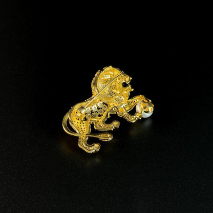 Golden Lion and Pearl Brooch