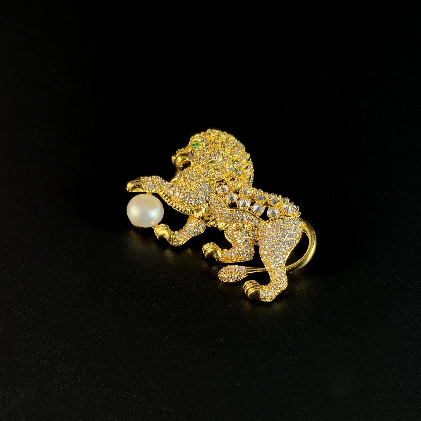 Golden Lion and Pearl Brooch