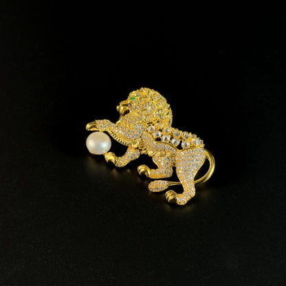 Golden Lion and Pearl Brooch