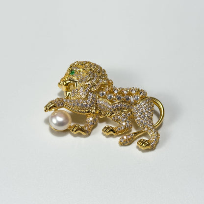 Golden Lion and Pearl Brooch