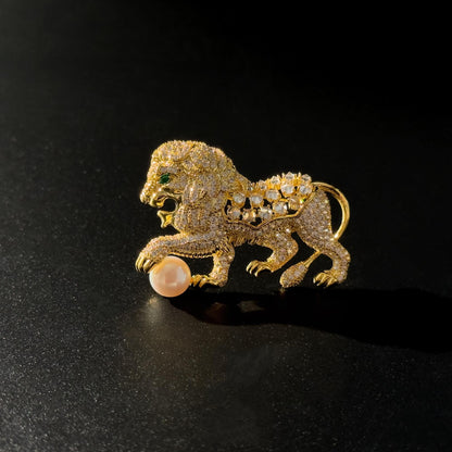 Golden Lion and Pearl Brooch