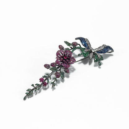 Rhinestone Butterfly and Floral Brooch