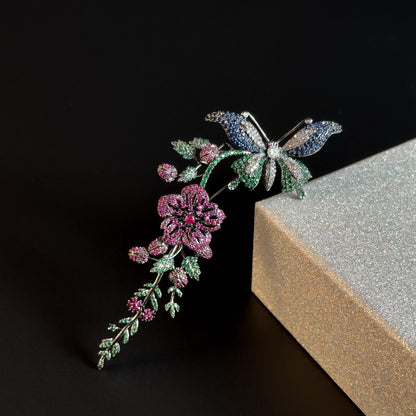 Rhinestone Butterfly and Floral Brooch