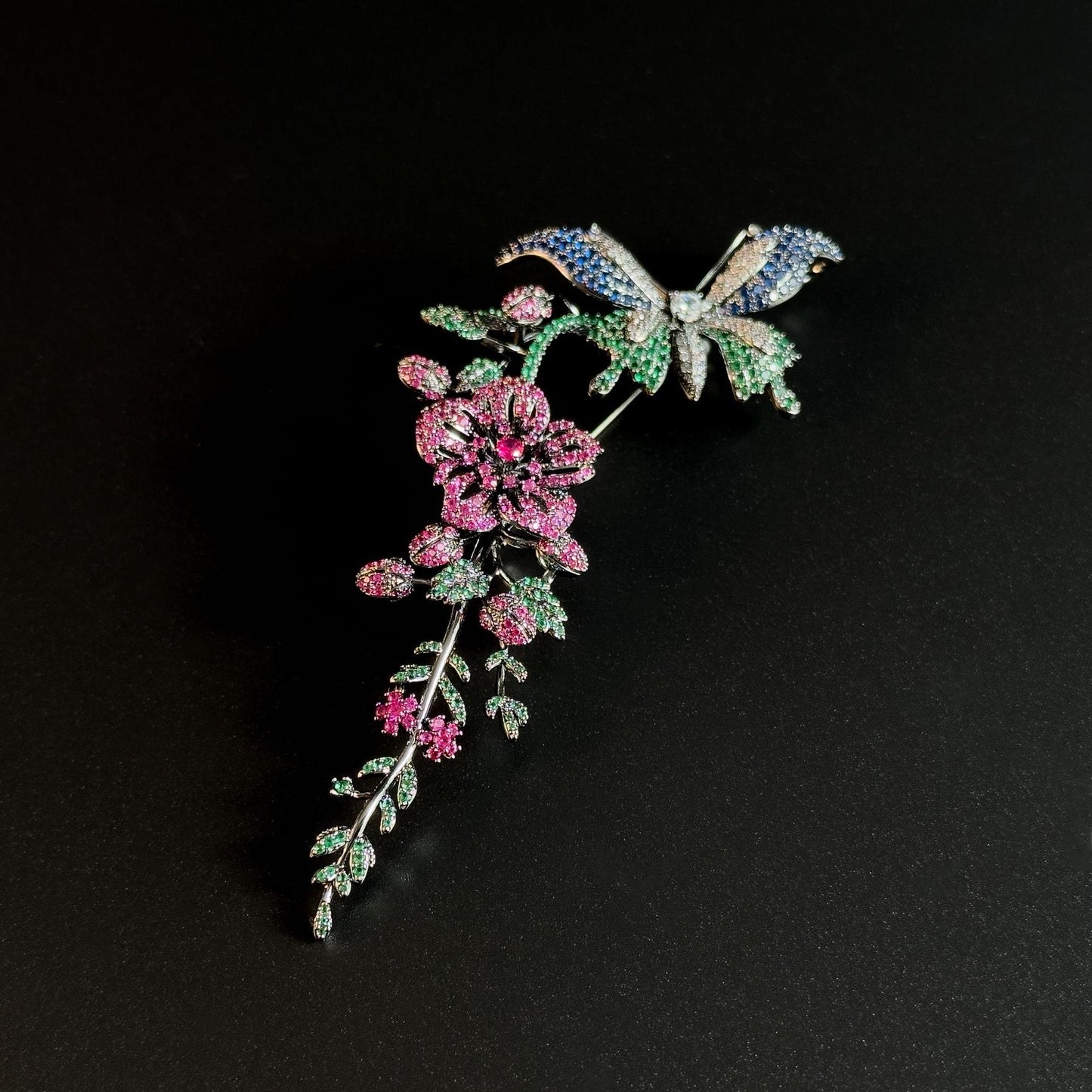 Rhinestone Butterfly and Floral Brooch
