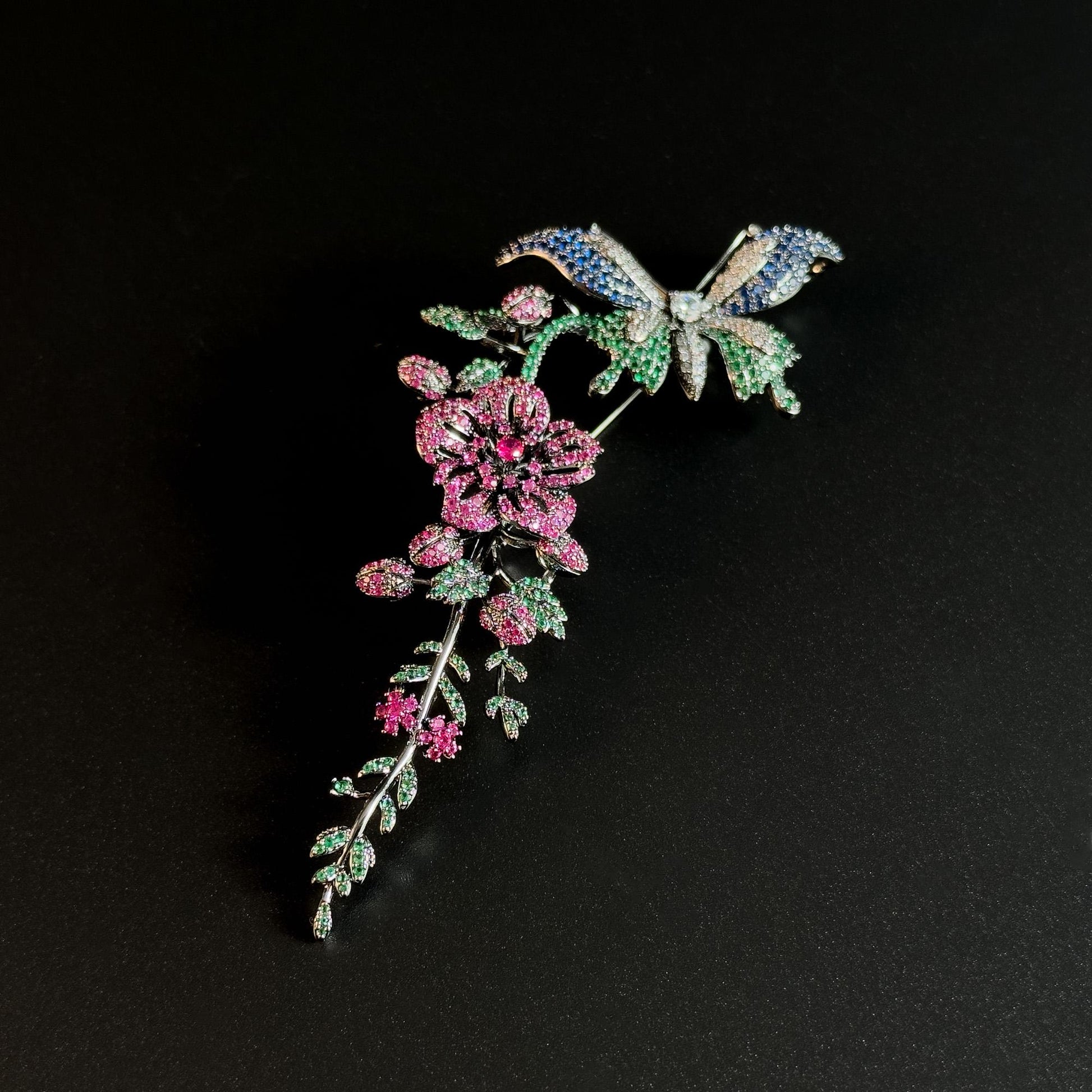 Rhinestone Butterfly and Floral Brooch