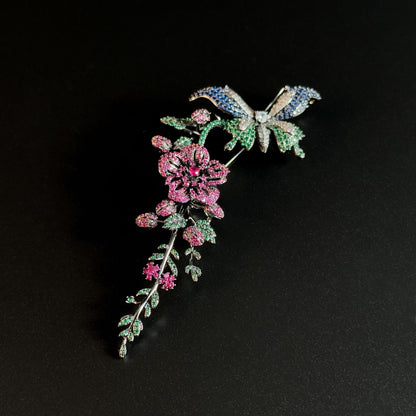 Rhinestone Butterfly and Floral Brooch
