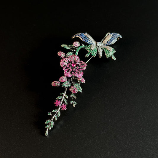 Rhinestone Butterfly and Floral Brooch