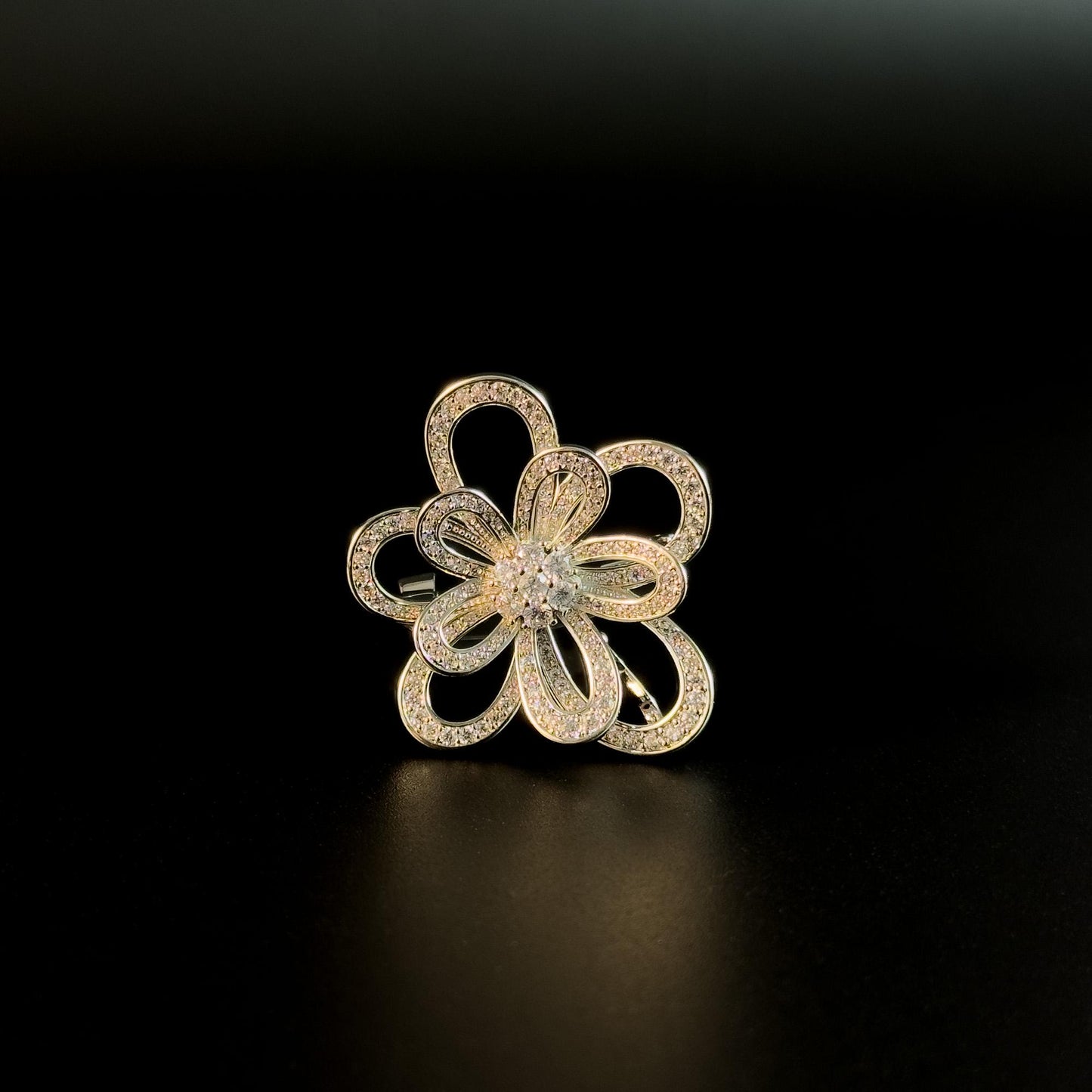Silver Openwork Rhinestone Flower Brooch