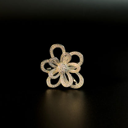 Silver Openwork Rhinestone Flower Brooch