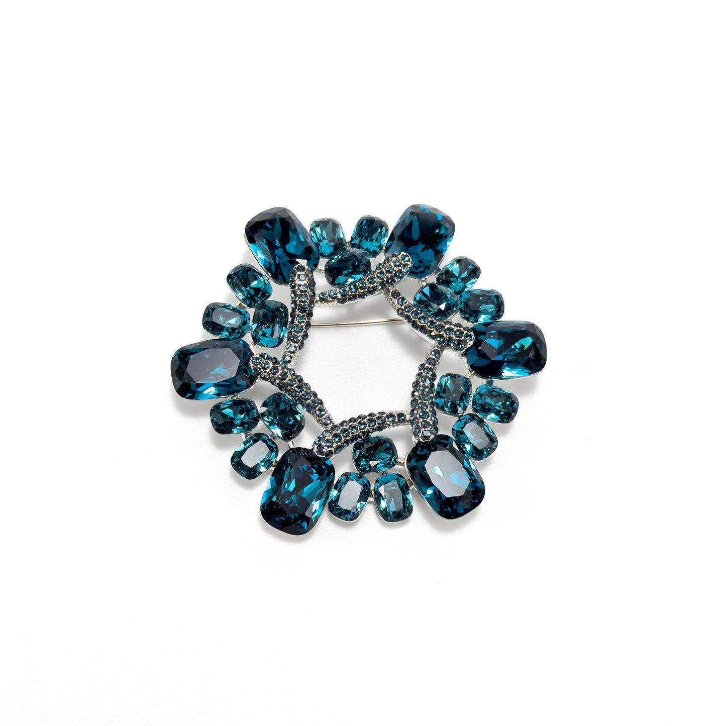 Blue Crystal Rhinestone Floral Wreath Brooch