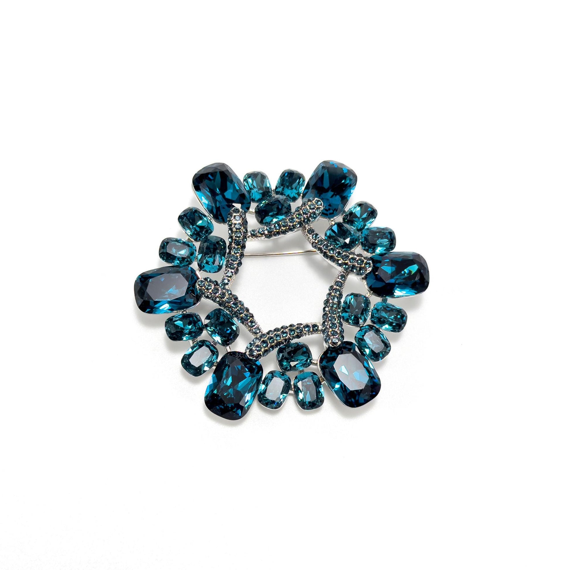 Blue Crystal Rhinestone Floral Wreath Brooch