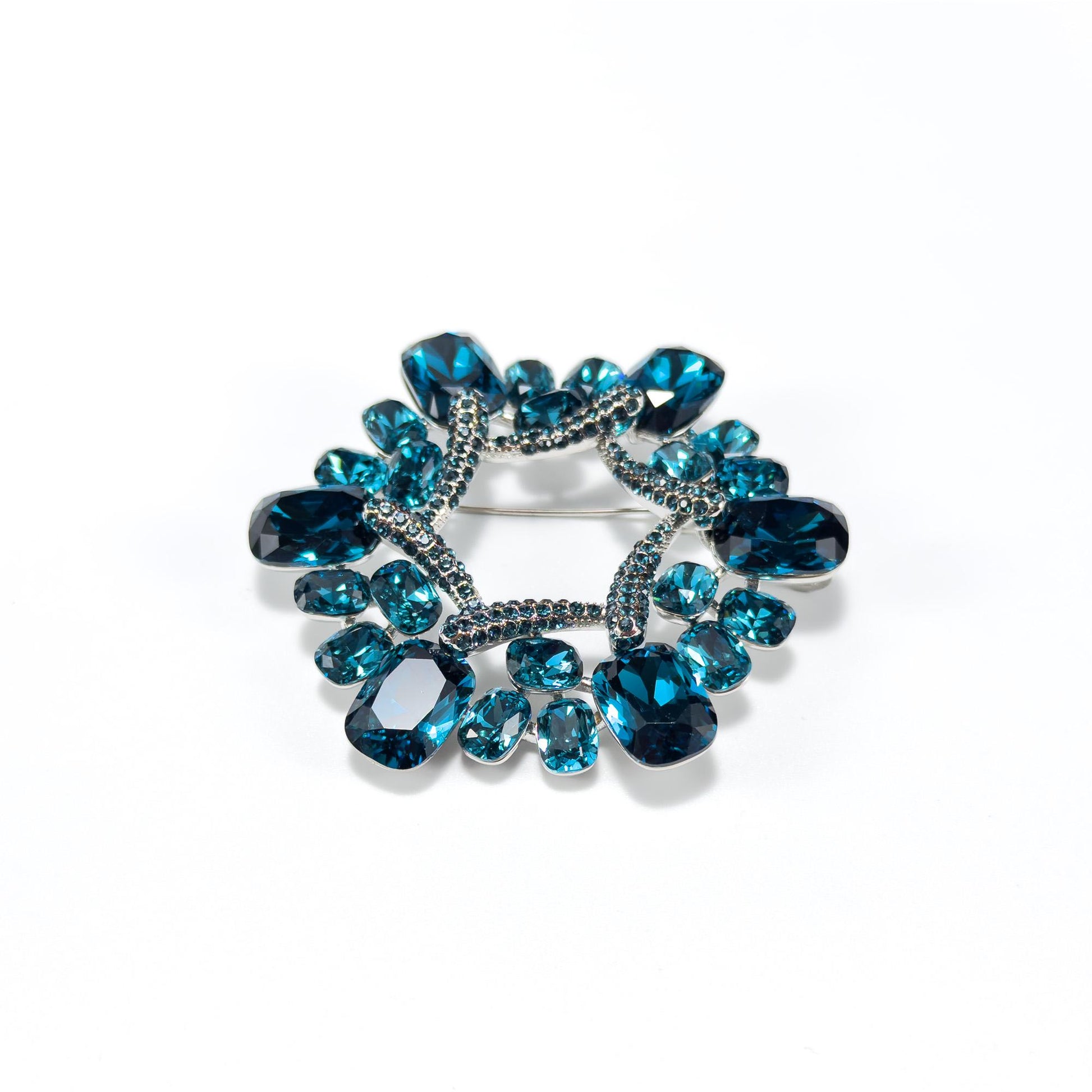 Blue Crystal Rhinestone Floral Wreath Brooch