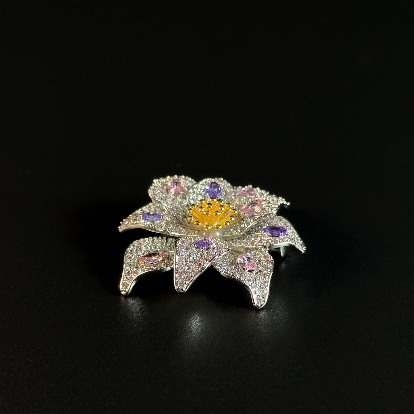 Silver Full-Diamond Flower Brooch